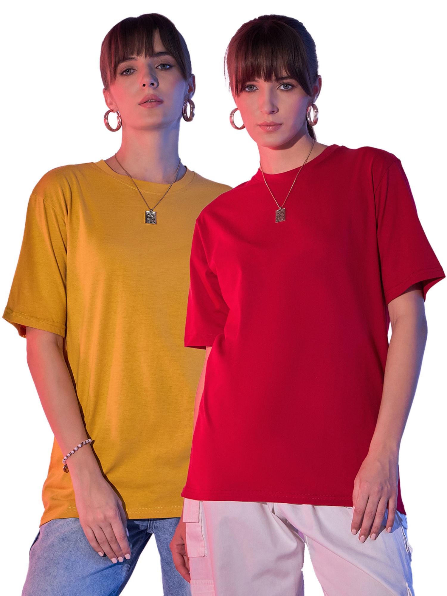 mustard red solid oversized women long t-shirt (pack of 2)