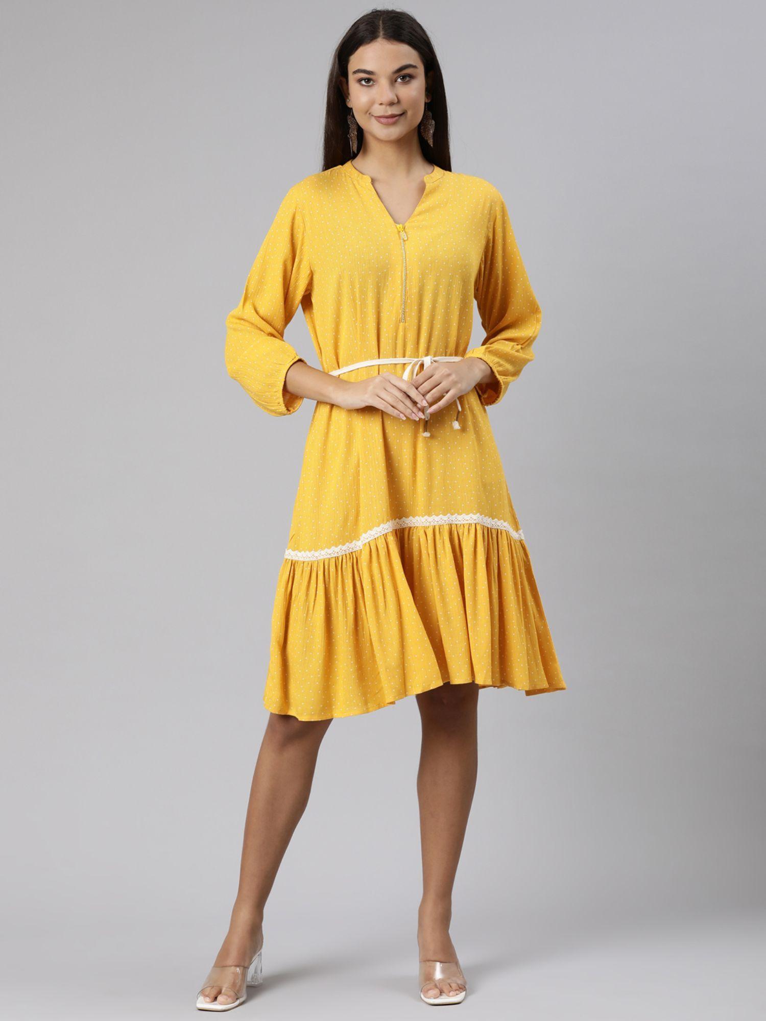 mustard regular a-line printed dress with belt (set of 2)