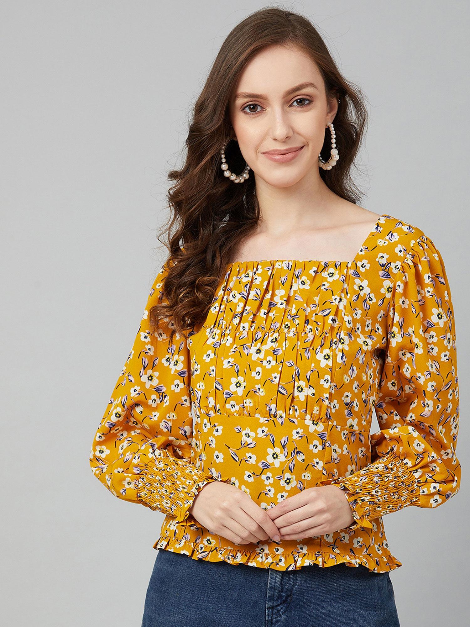 mustard regular floral tops