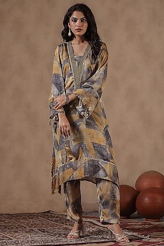 mustard satin paisley printed asymmetric kurta set