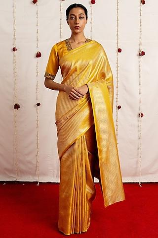 mustard satin silk woven saree