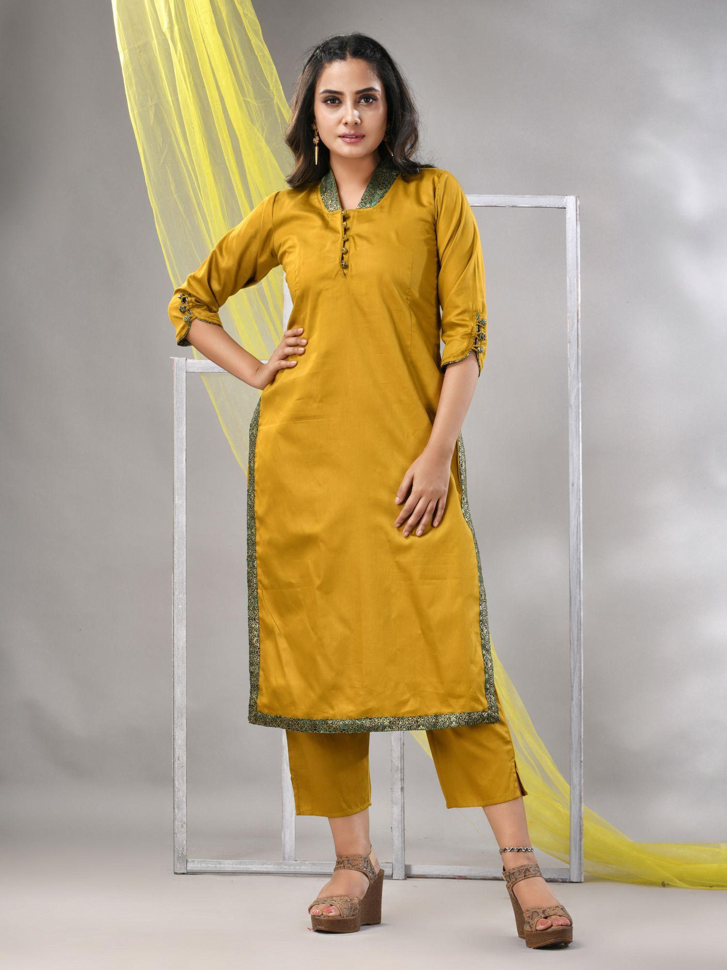 mustard satin solid straight kurta