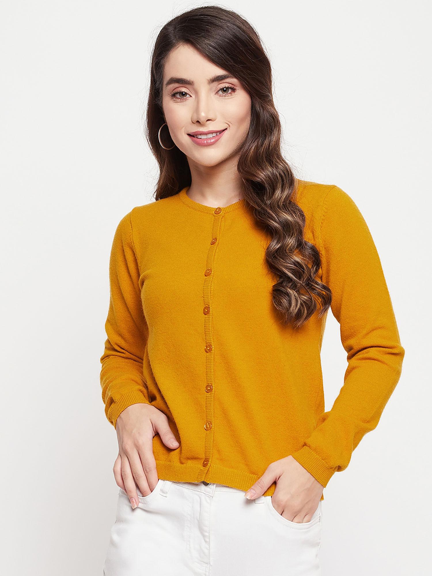 mustard self designed round neck cardigan