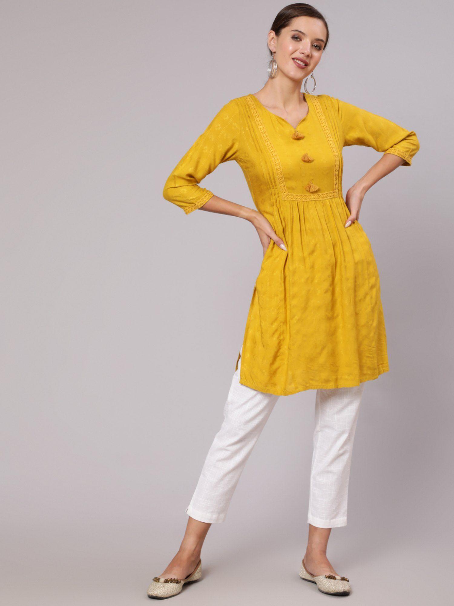 mustard self weave pleated, laced-up and gathered kurti with tassels