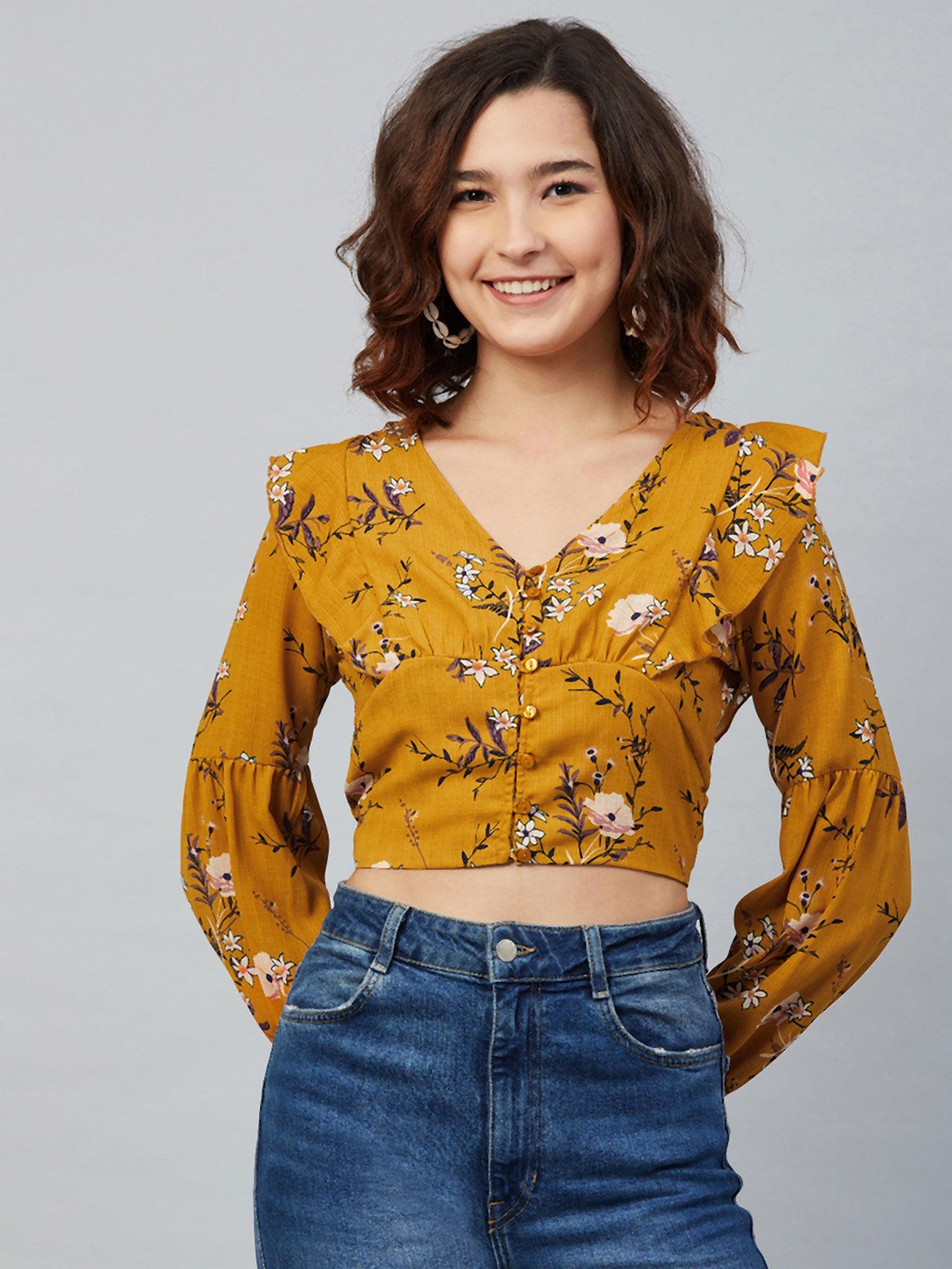 mustard semi-fit floral tops