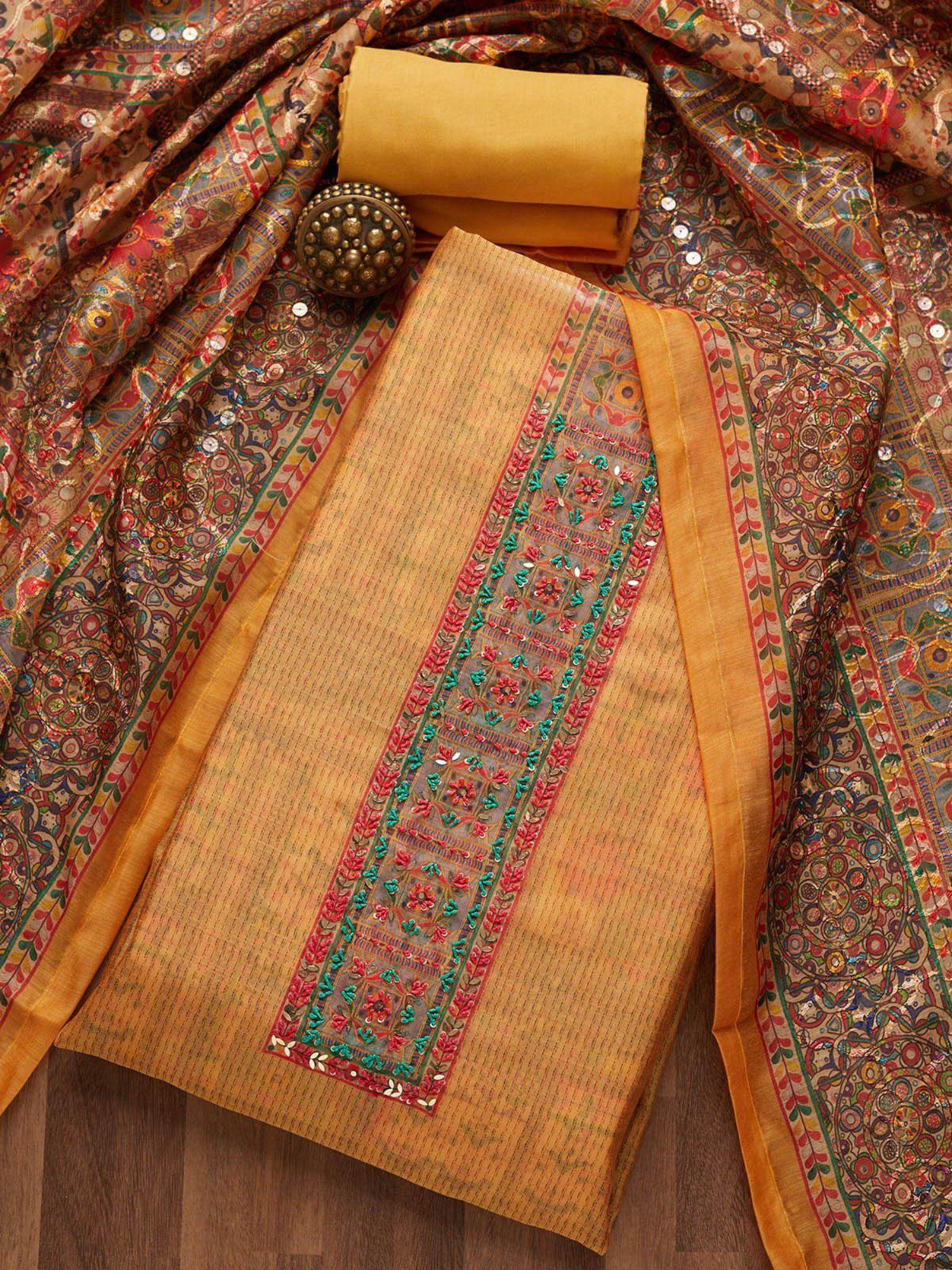 mustard sequins chanderi unstitched salwar suit (set of three)