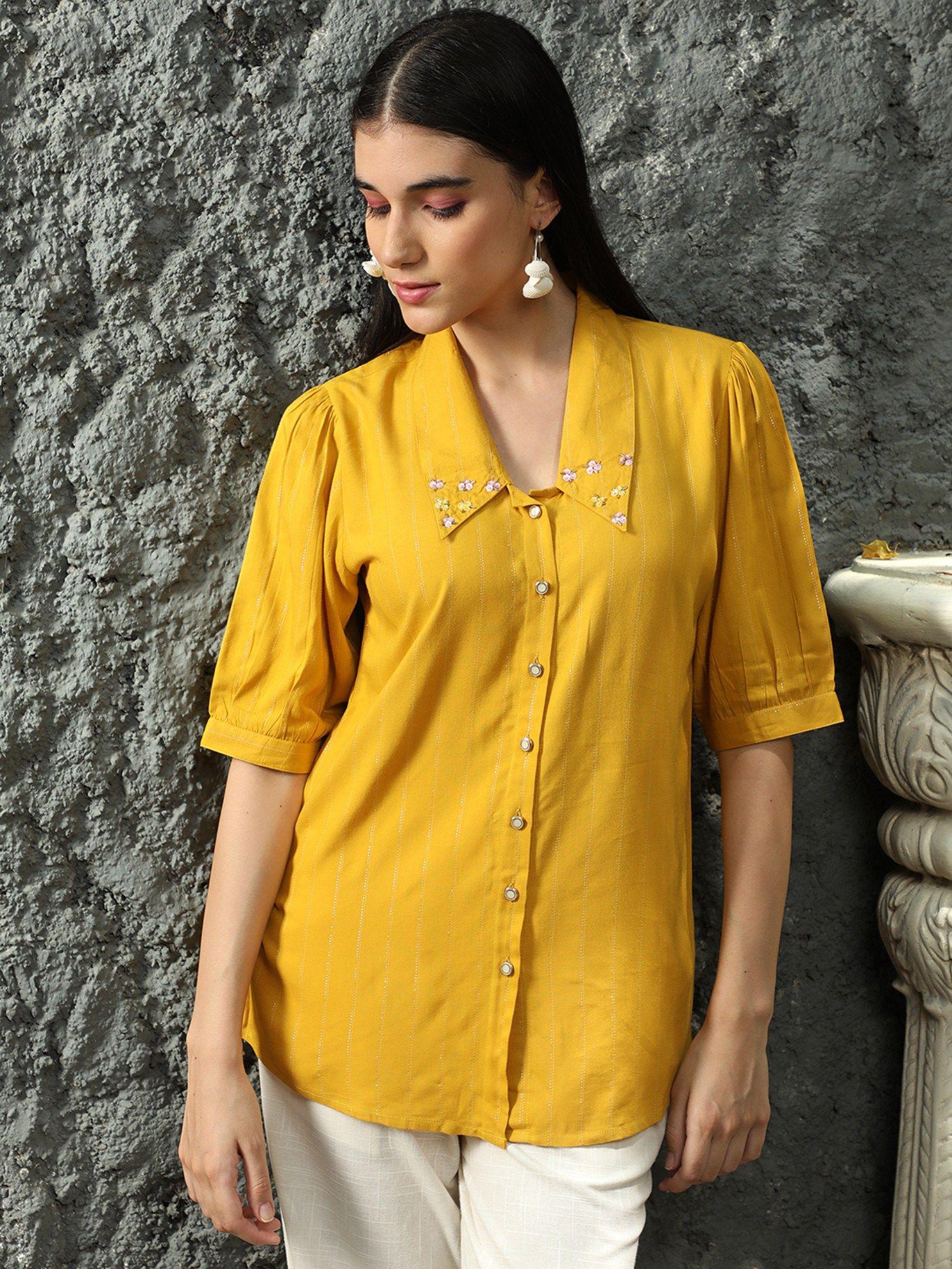 mustard sequins embellished shirt