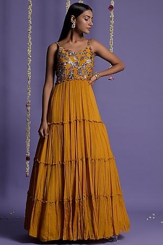 mustard sequins embroidered gown