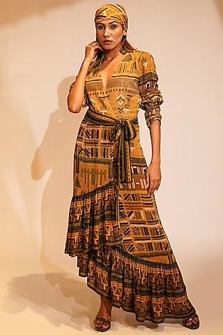 mustard sequins pure georgette printed maxi dress