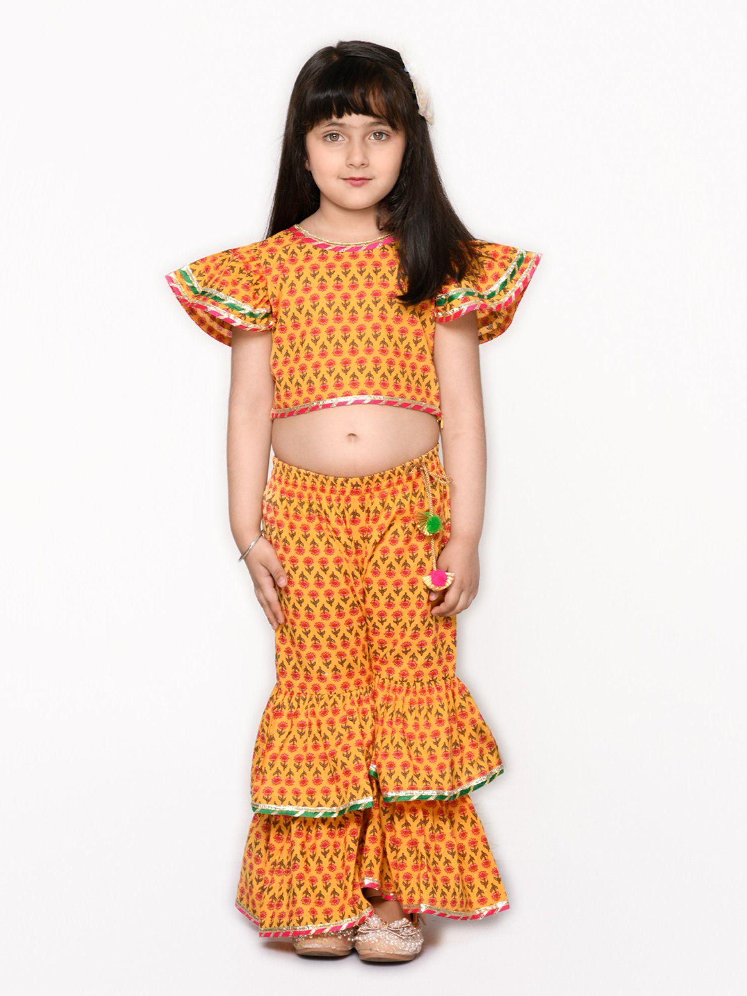 mustard sharara top with multicolour lace detailing (set of 2)