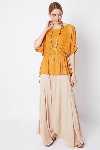 mustard shimmer kimono with pants & necklace