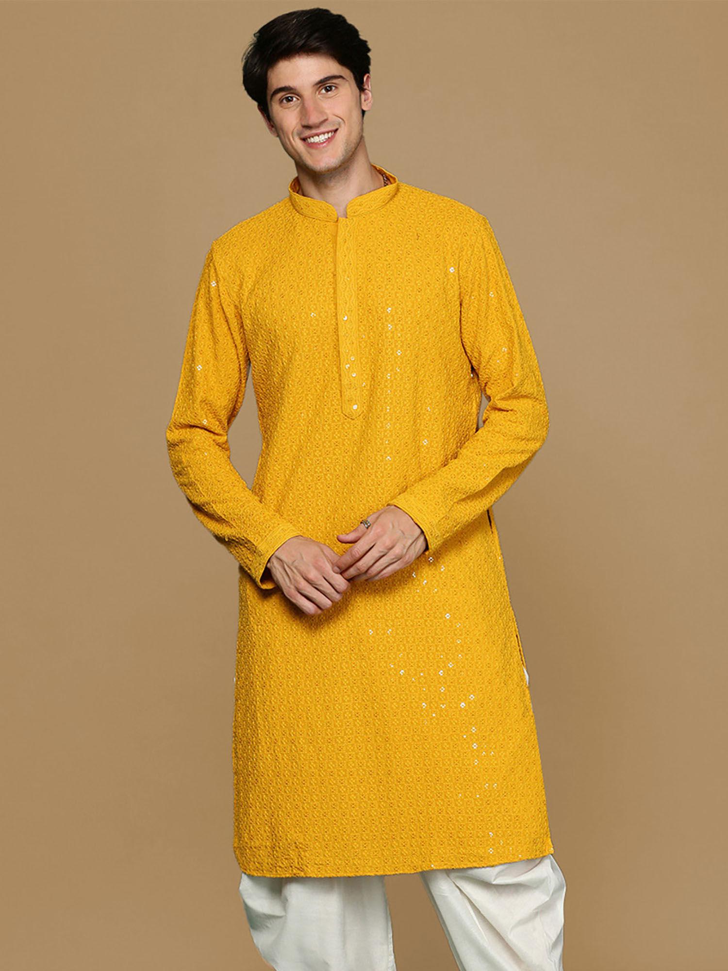 mustard shimmering elegance men's chikankari kurta with sequins