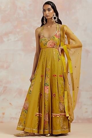 mustard silk anarkali set