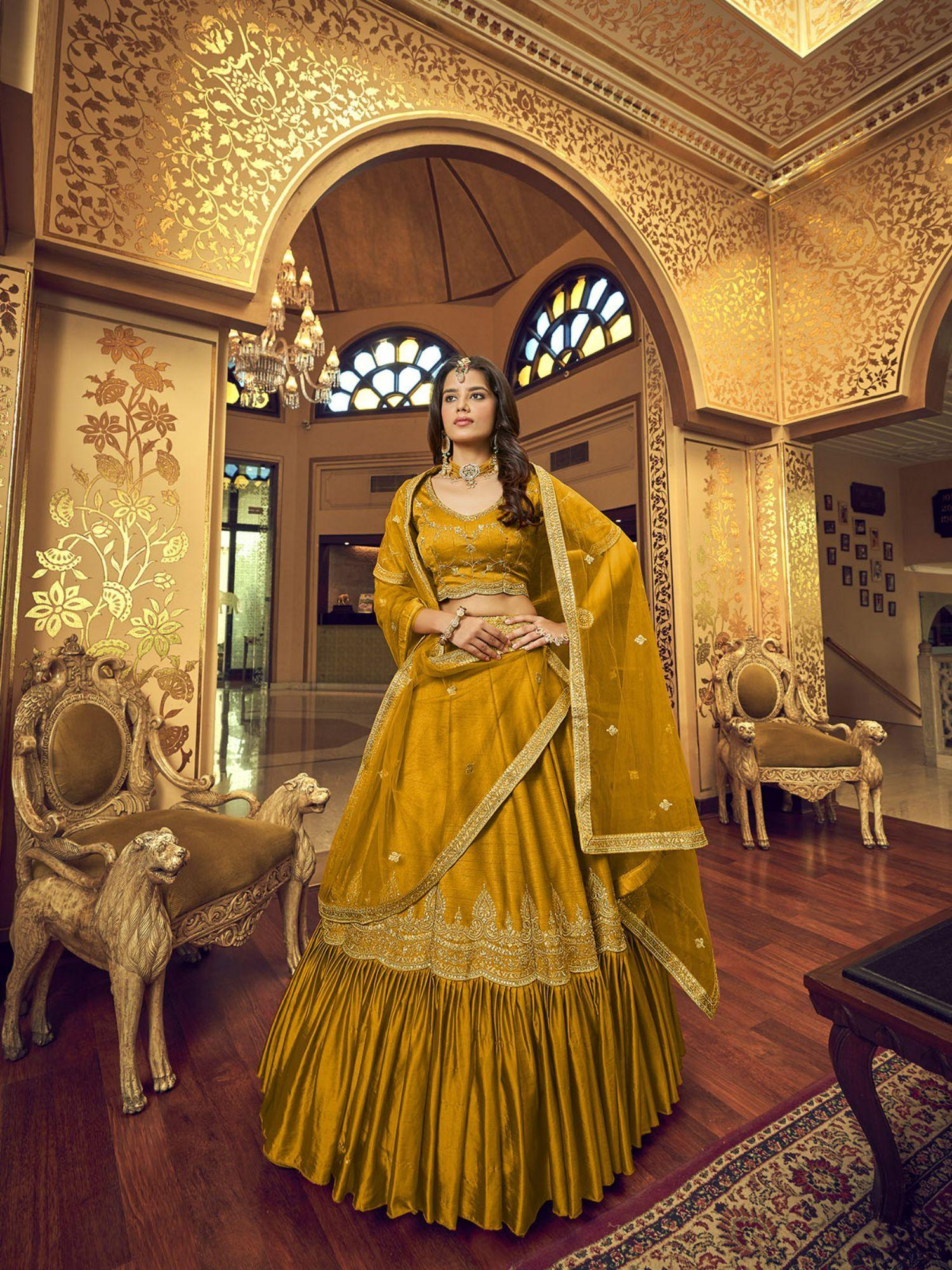 mustard silk and satin semi stitched lehenga with unstitched blouse (set of 3)