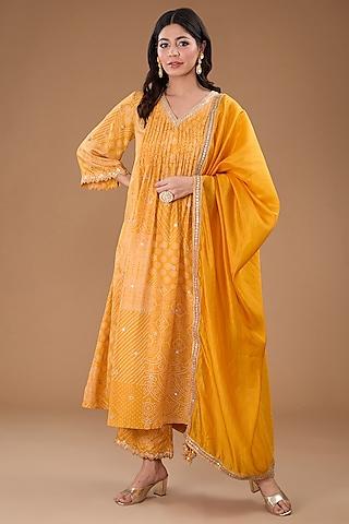 mustard silk bandhani choga kurta set