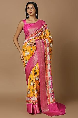 mustard silk blend floral printed saree set