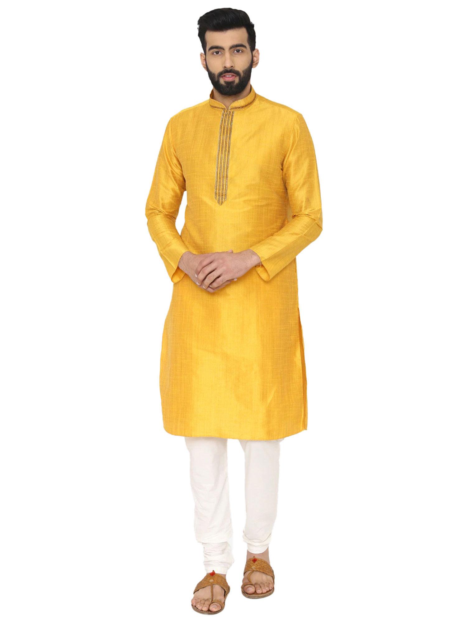 mustard silk blend kurta churidar (set of 2)