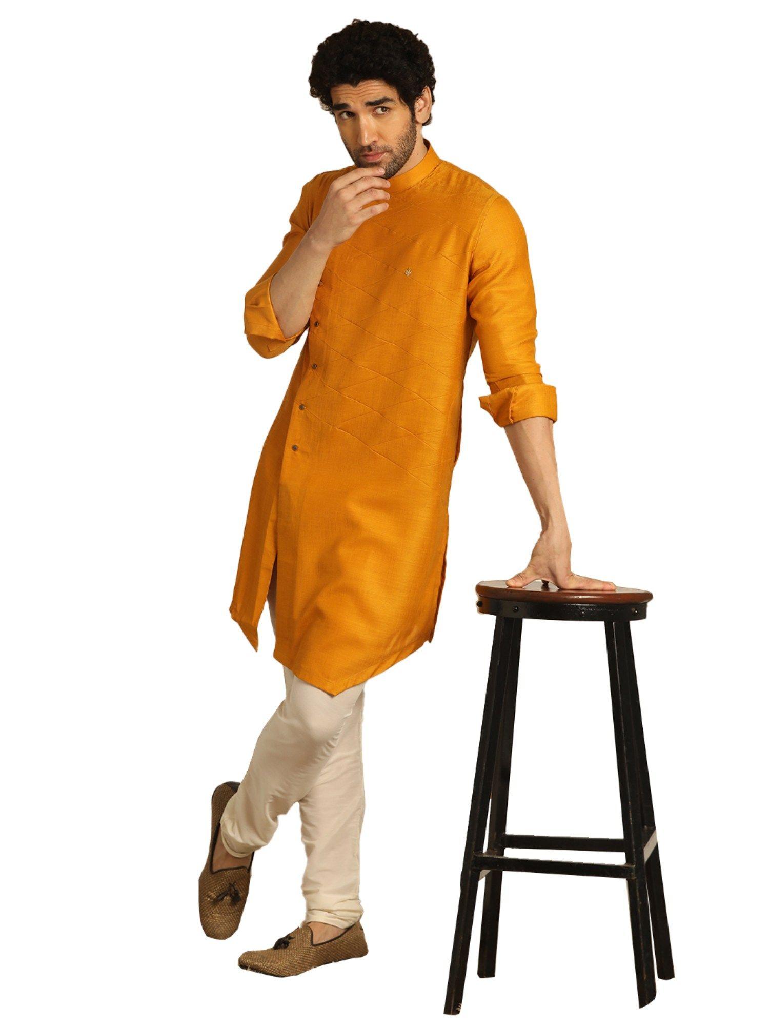 mustard silk blend traditional kurta for men