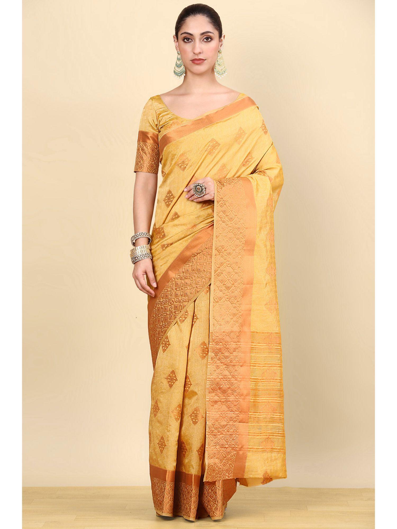 mustard silk blend woven saree with unstitched blouse