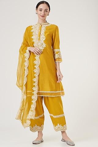 mustard silk chanderi embroidered kurta set for girls