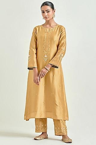 mustard silk chanderi embroidered kurta set