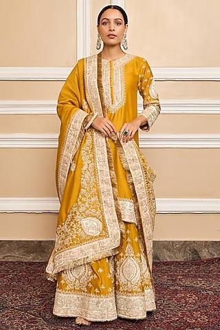 mustard silk chanderi embroidered kurta set