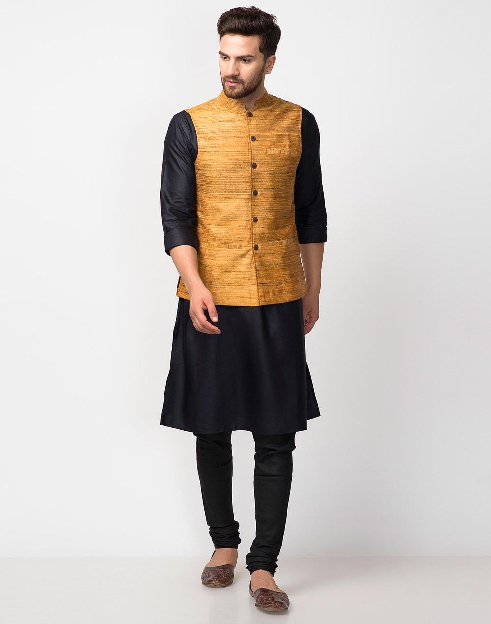 mustard silk cotton nehru jacket