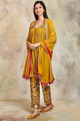 mustard silk crushed anarkali set