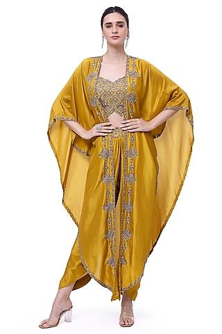 mustard silk dabka embellished cape set