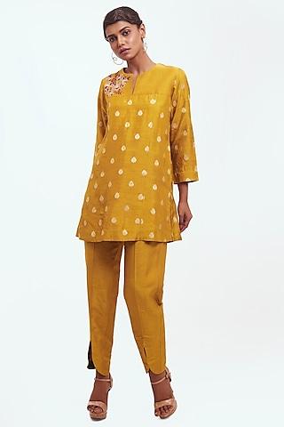 mustard silk embellished kurta set