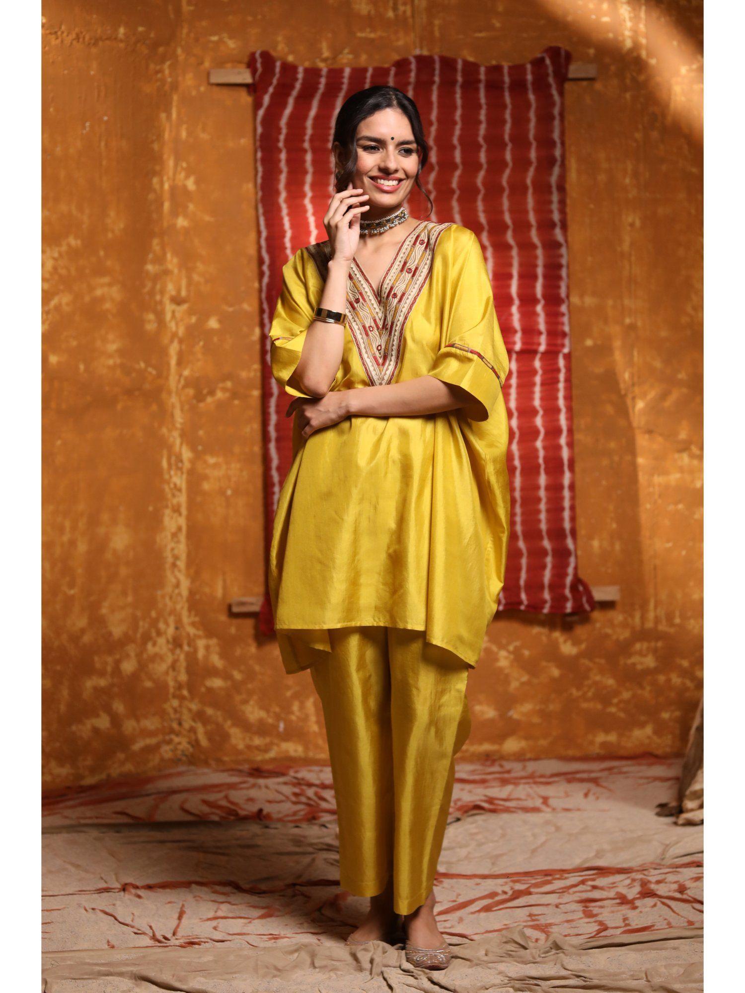 mustard silk embroidered 3/4th kaftan with pant (set of 2)