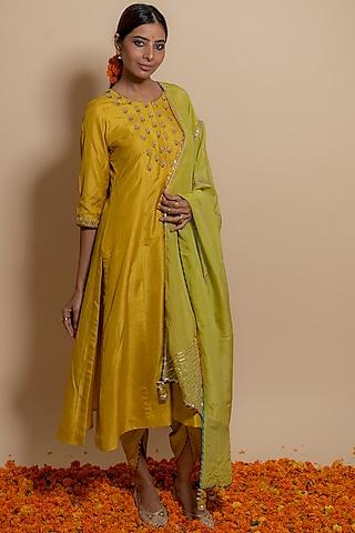 mustard silk embroidered a-line kurta set