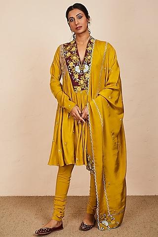 mustard silk embroidered anarkali set