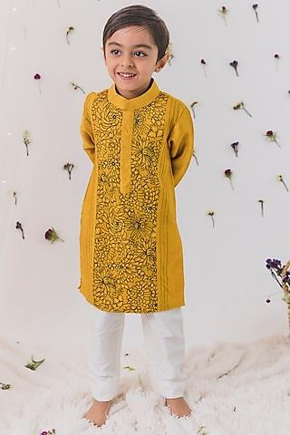 mustard silk embroidered kurta set for boys