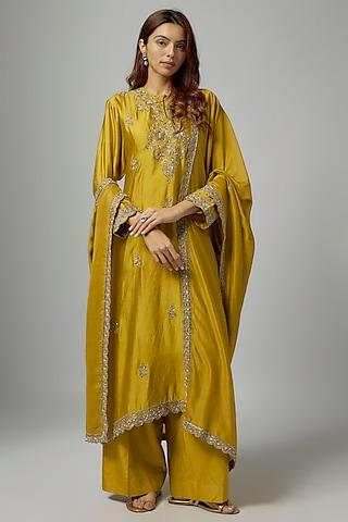 mustard silk embroidered kurta set