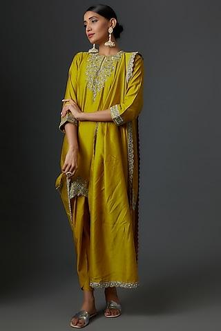 mustard silk embroidered kurta set