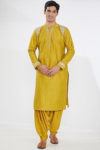 mustard silk embroidered kurta set