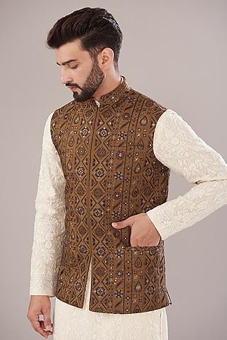mustard silk embroidered nehru jacket
