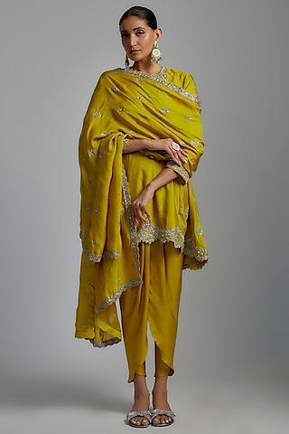 mustard silk embroidered tunic set