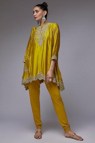 mustard silk embroidered tunic set