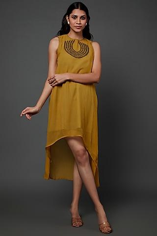 mustard silk hand embellished asymmetrical dress