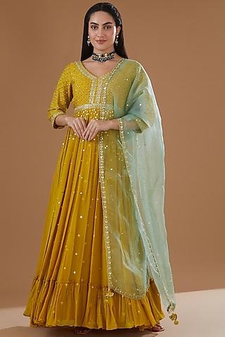 mustard silk printed & embroidered anarkali set