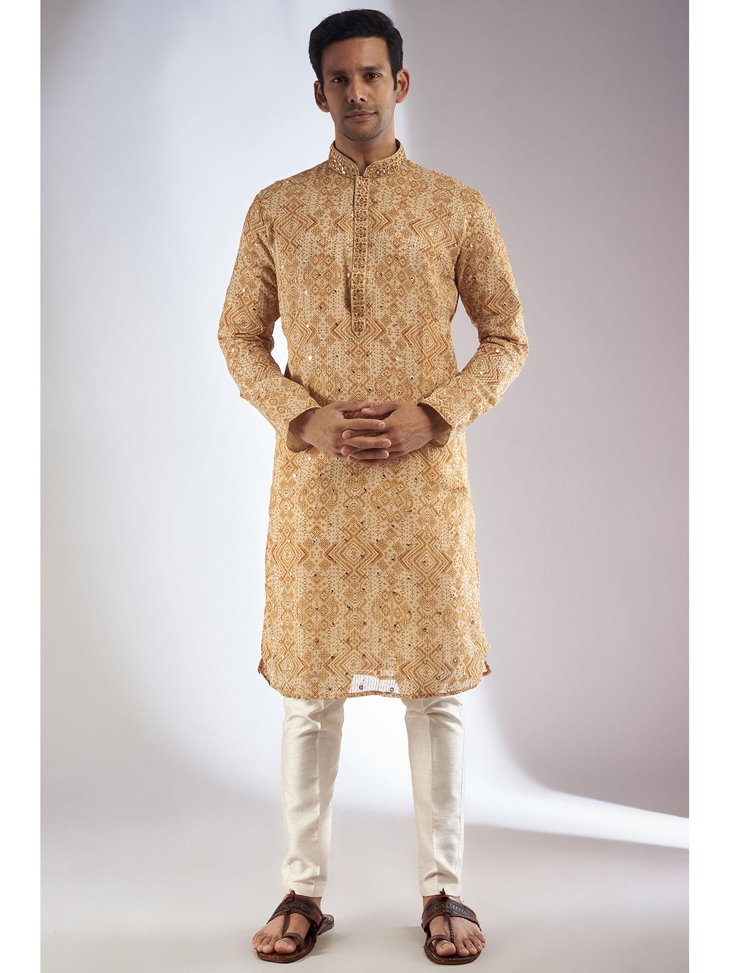 mustard silk printed & embroidered kurta with pant (set of 2)