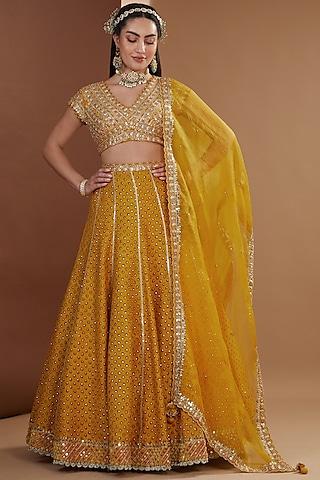 mustard silk printed & embroidered lehenga set