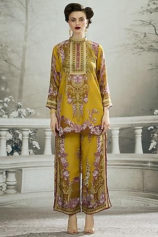 mustard silk printed high-low tunic