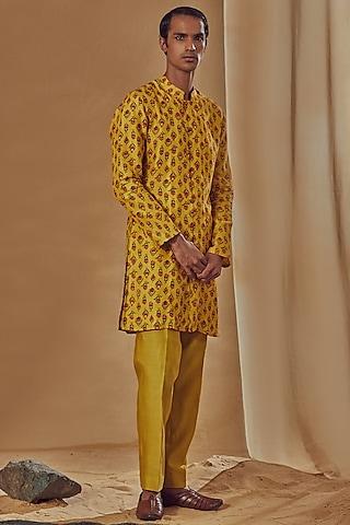 mustard silk printed kurta set