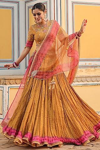 mustard silk printed lehenga set