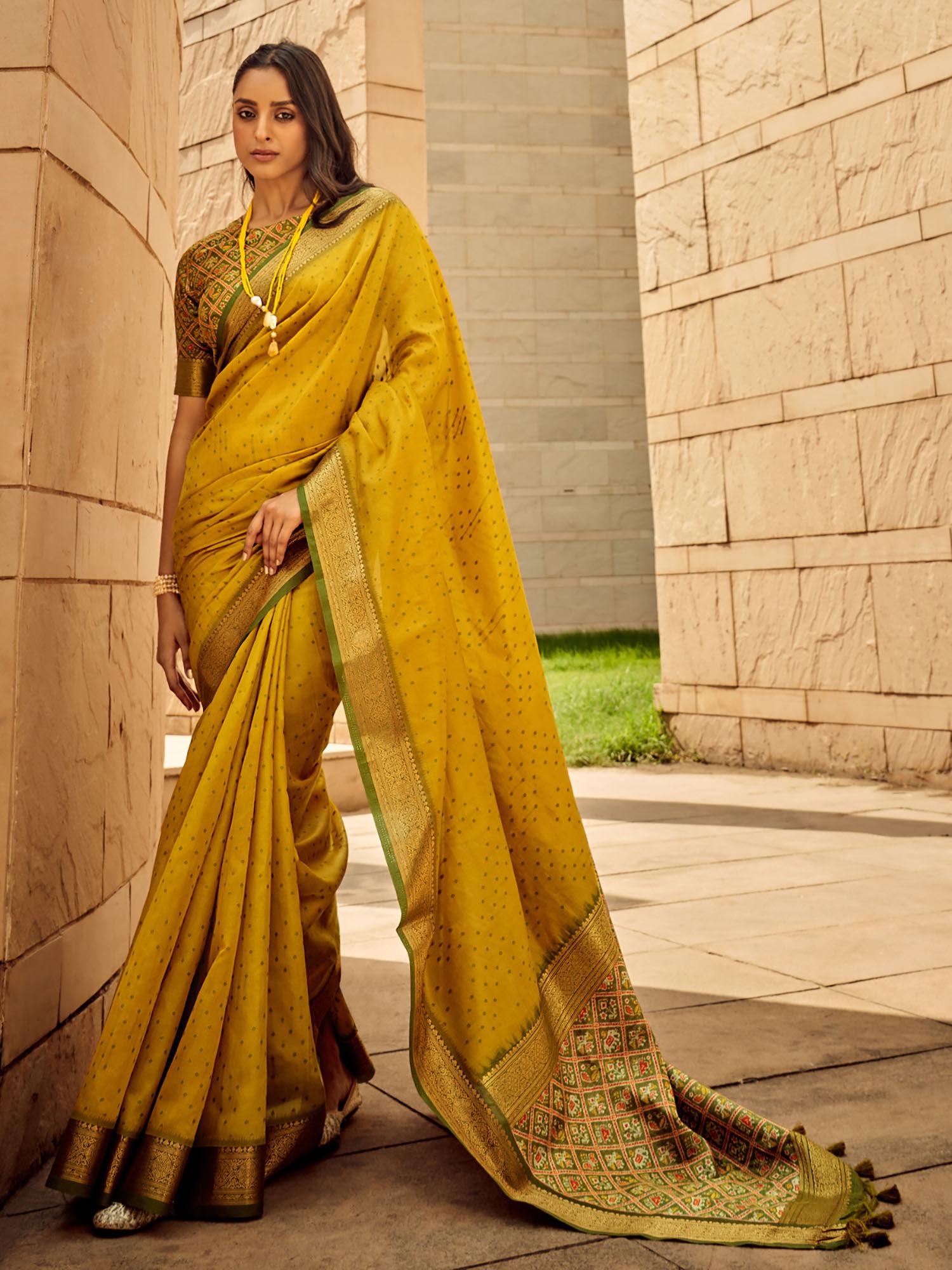 mustard silk printed saree with unstitched blouse