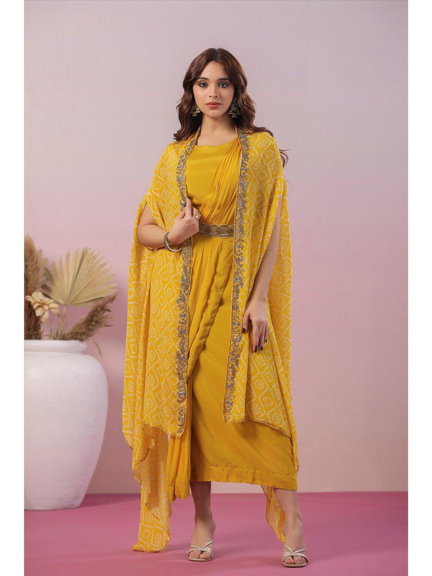 mustard silk ready to wear saree dress with leheriya print cape and embroidered belt