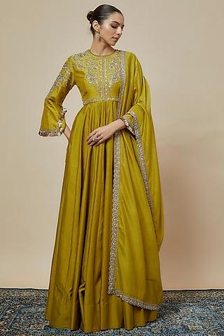 mustard silk zari embroidered anarkali set